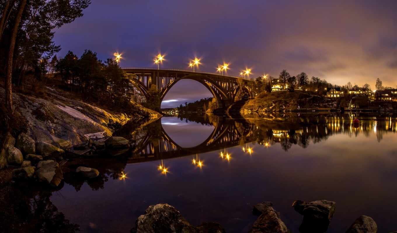 мост, огни, del, река, sweden, puente, suecia, skurubron, skurusundet