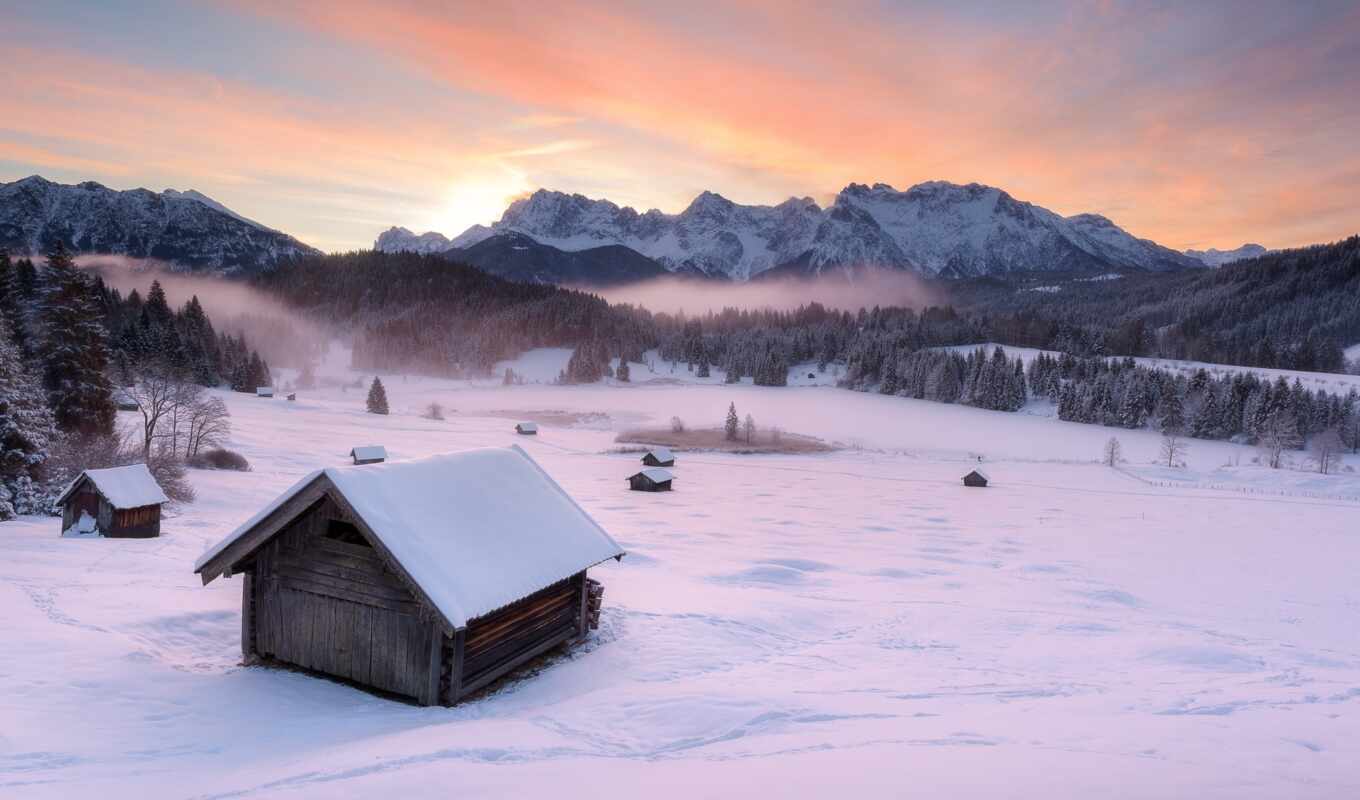 горы, природа, winter, домики, zima