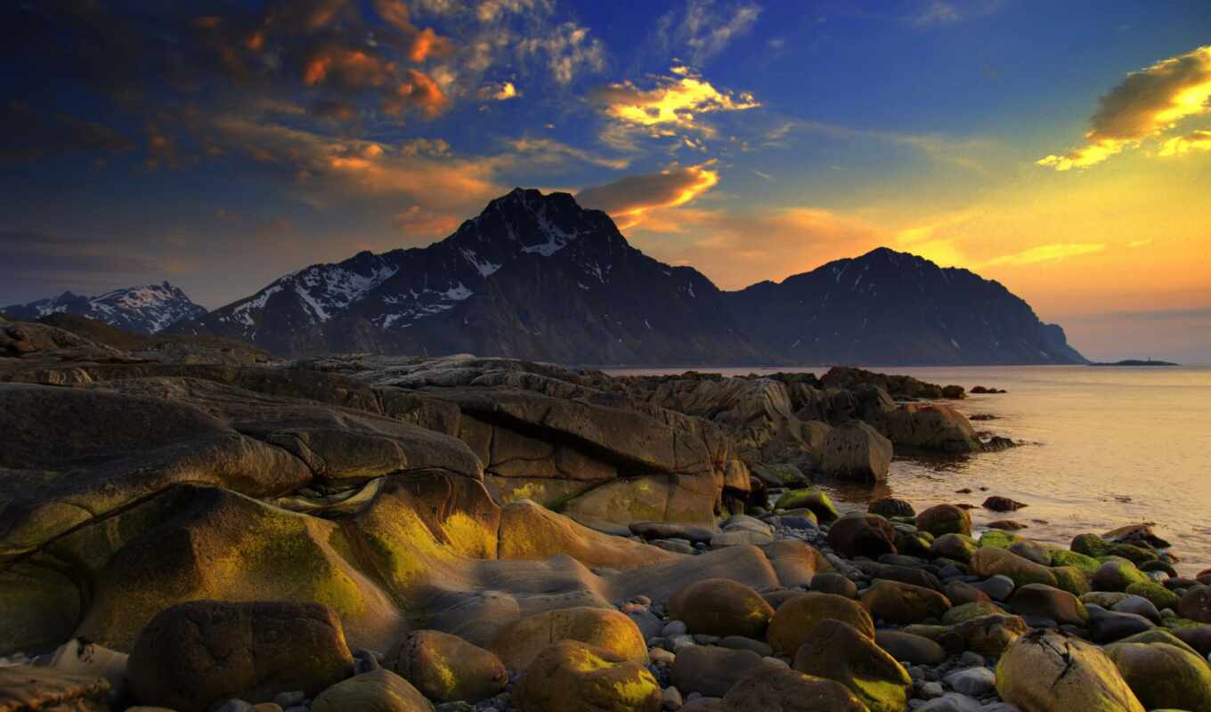 nature, sky, sunset, landscape, sea, coast, ocean, stones, mountains, rocks