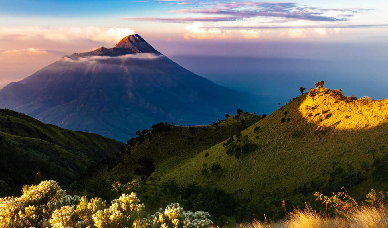 гора, остров, день, утро, вулкан, индонезийский