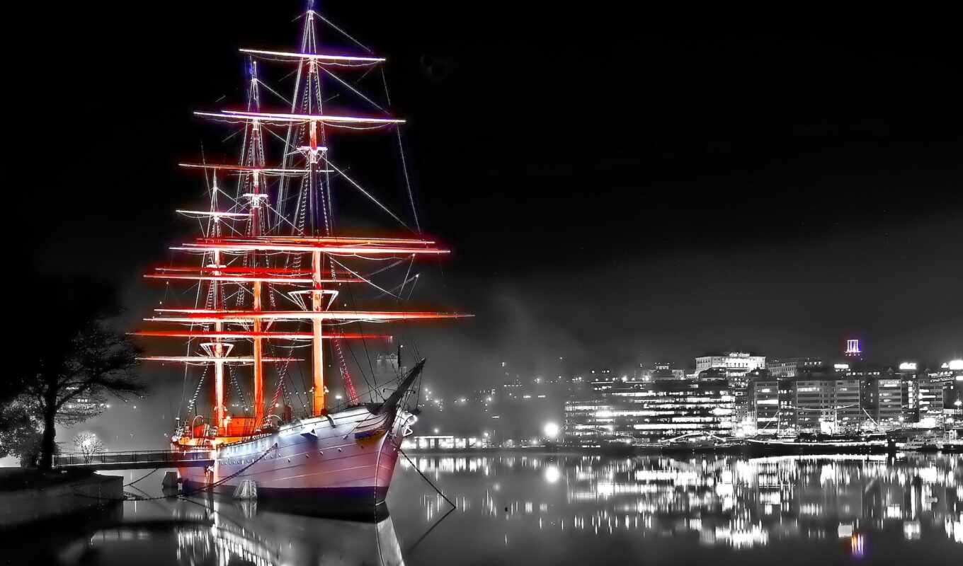 black, white, picture, ship, city, night, night, illumination, pier, sailboat