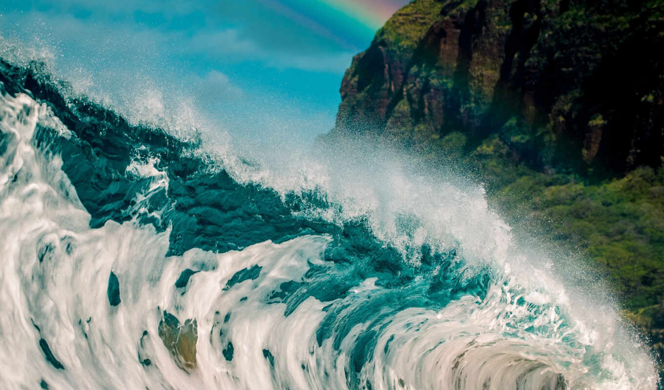 nature, rainbow, mountain, sea, ocean, wave, hawaii