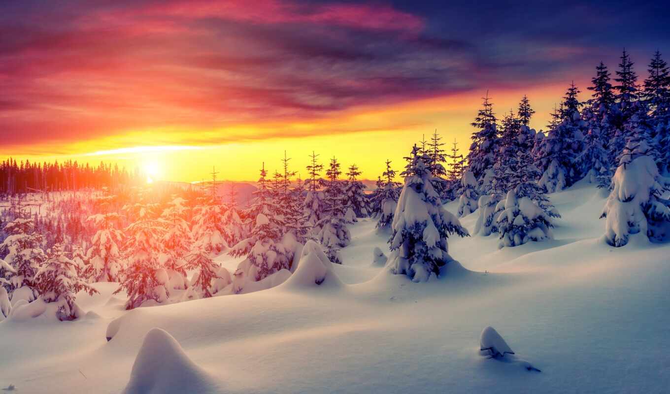 природа, небо, white, закат, снег, winter, landscape