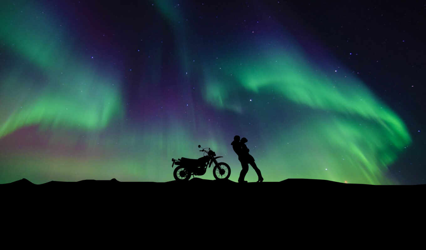 girl, bike, couple, lights, friend, a shadow, romantic, aurora, northern, borealis