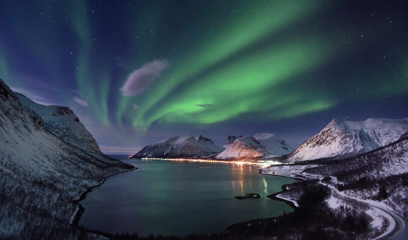 ночь, гора, огни, море, норвегия, aurora, northern, fjord, norwegian