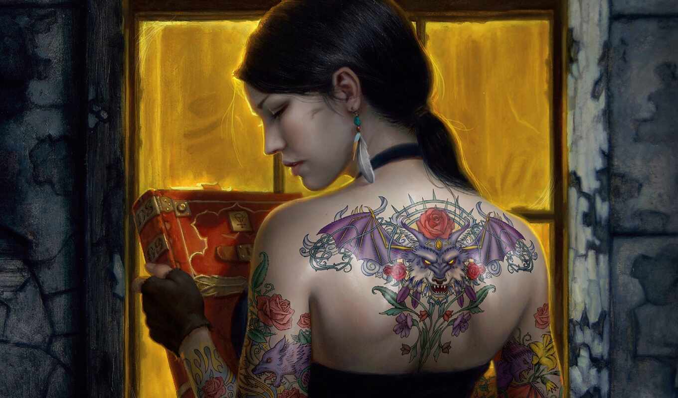 art, girl, face, woman, background, book, tattoo, back, fantasy, thompson