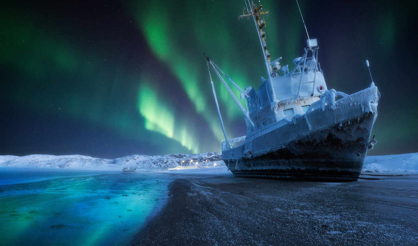sky, ice, ship, night, water, Russia, cold, a boat, aurora, freeze, vehicle