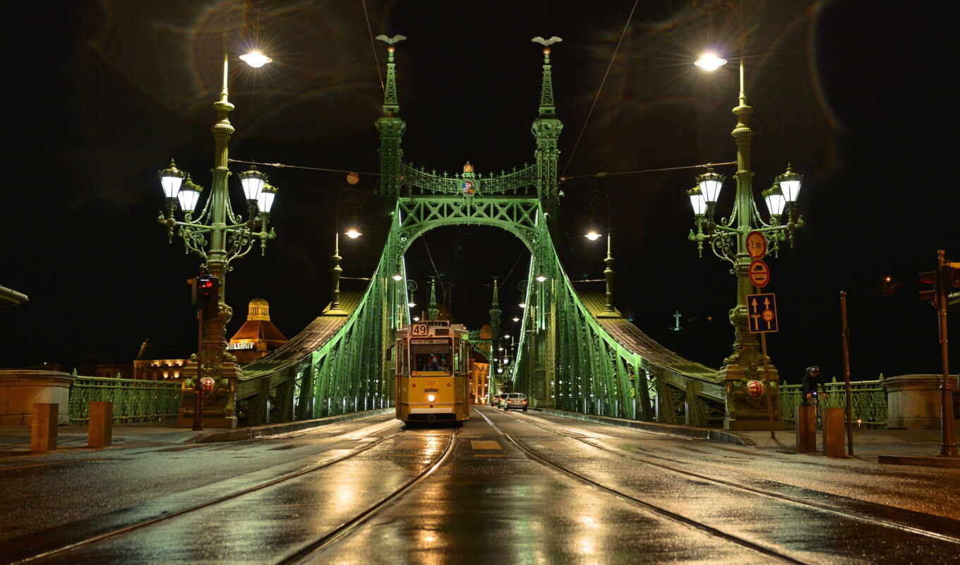 city, night, Bridge, tram, budapest, lanterns