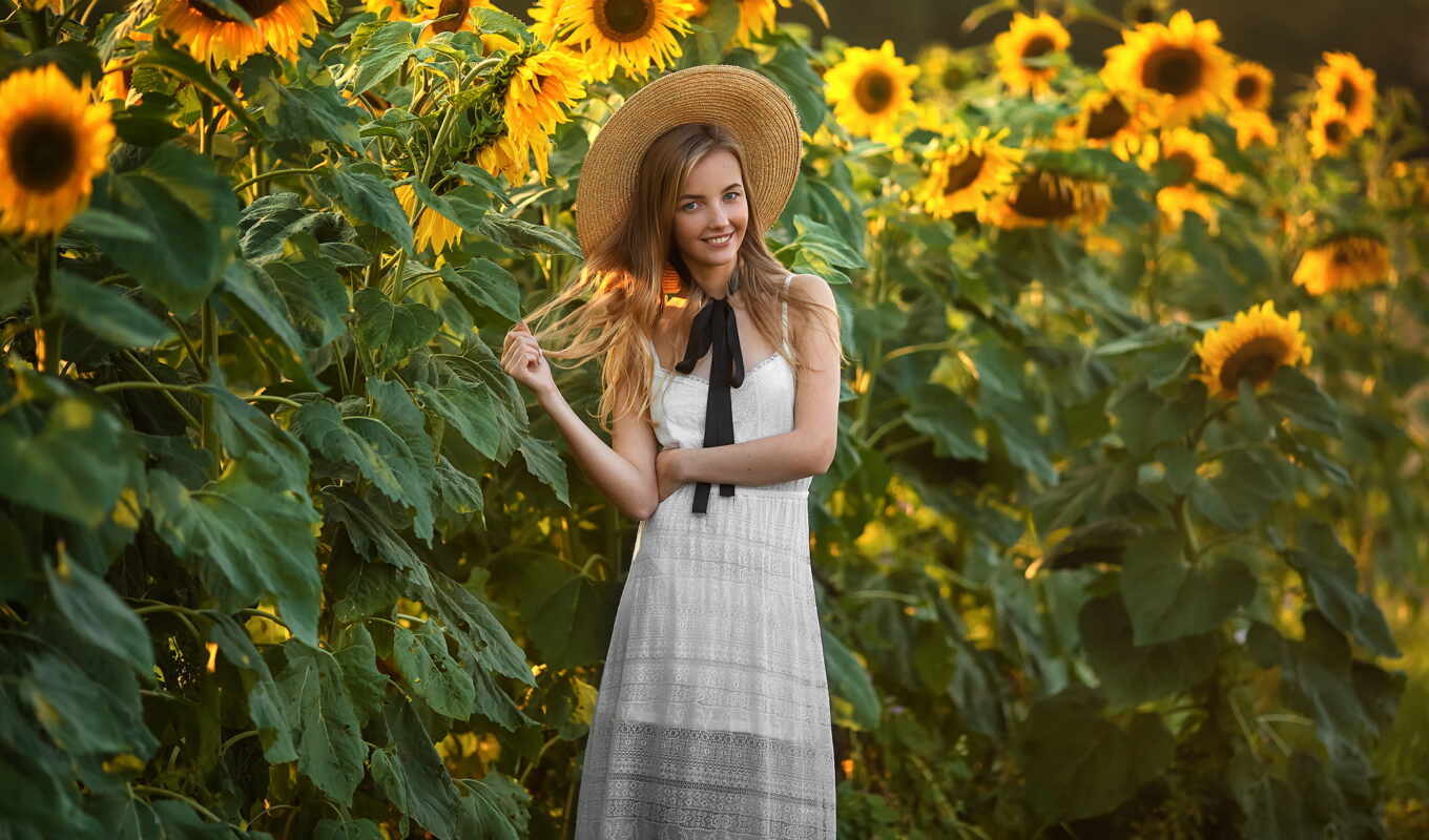 photo, hat, girl, summer, field, sunflower, model, daily, beautiful, mood