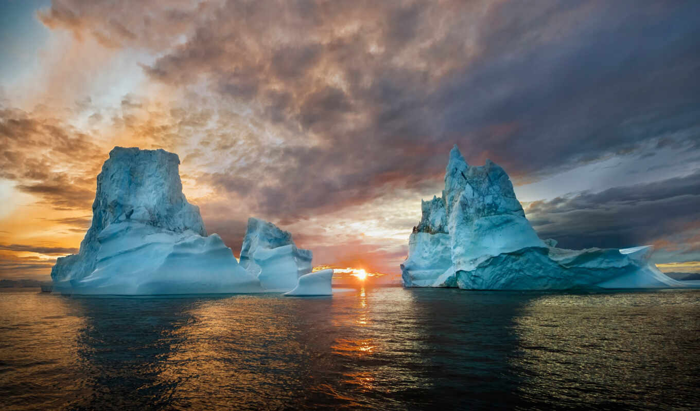 закат, море, айсберг