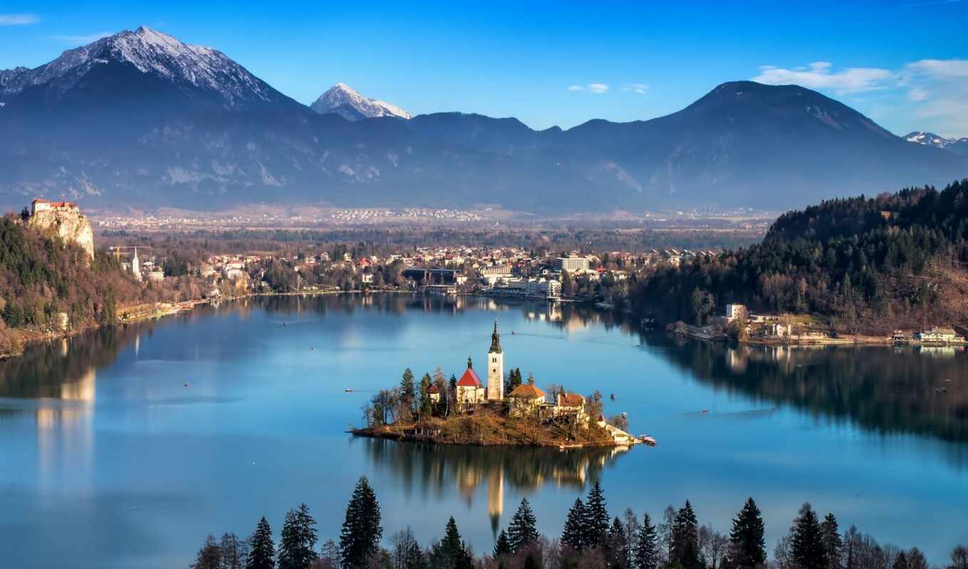 озеро, здания, aerial, days, slovenia, radovlica, радовлица