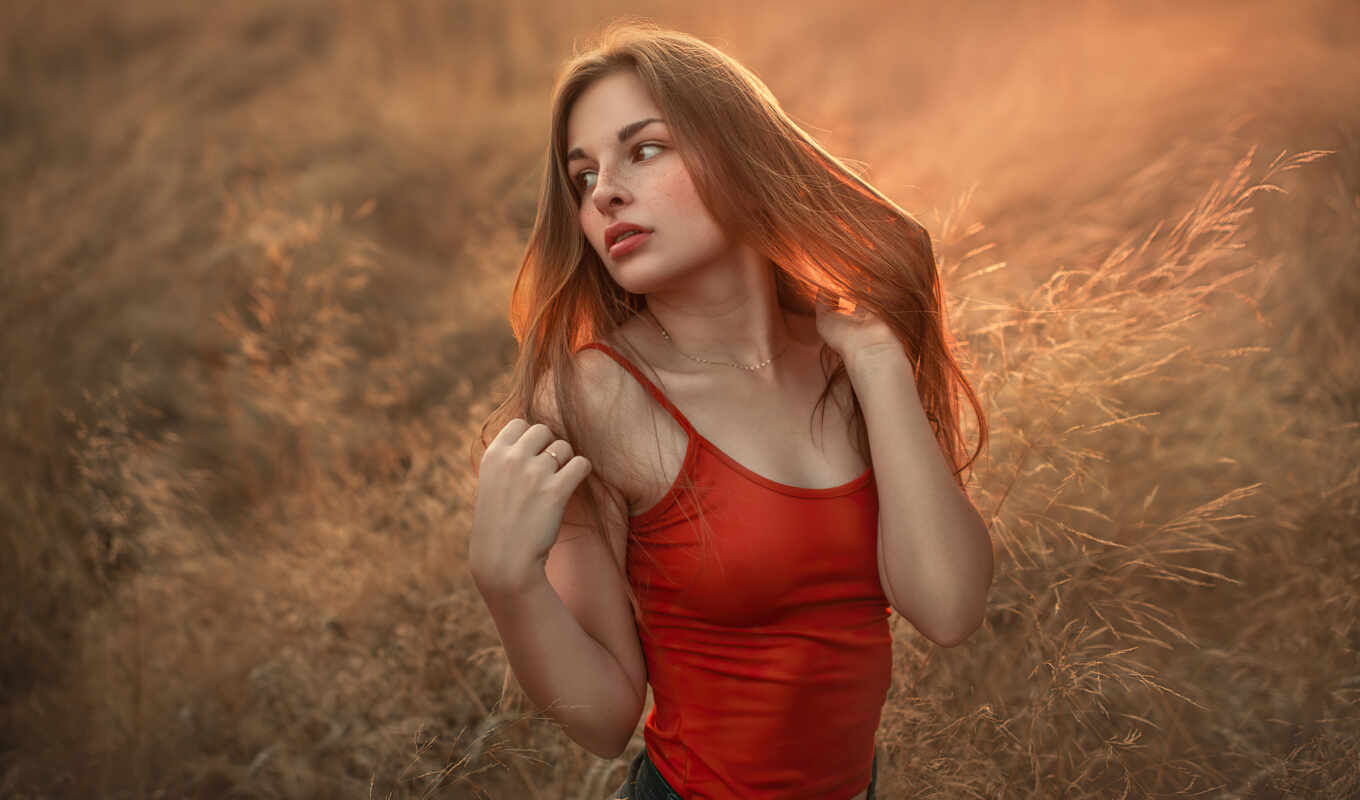 photo, girl, background, red, grass, blonde, hair, top, freckle