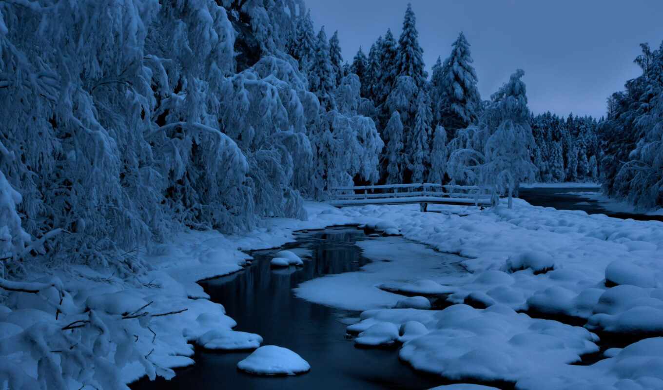 природа, снег, красивые, winter, лес, сумерки, река