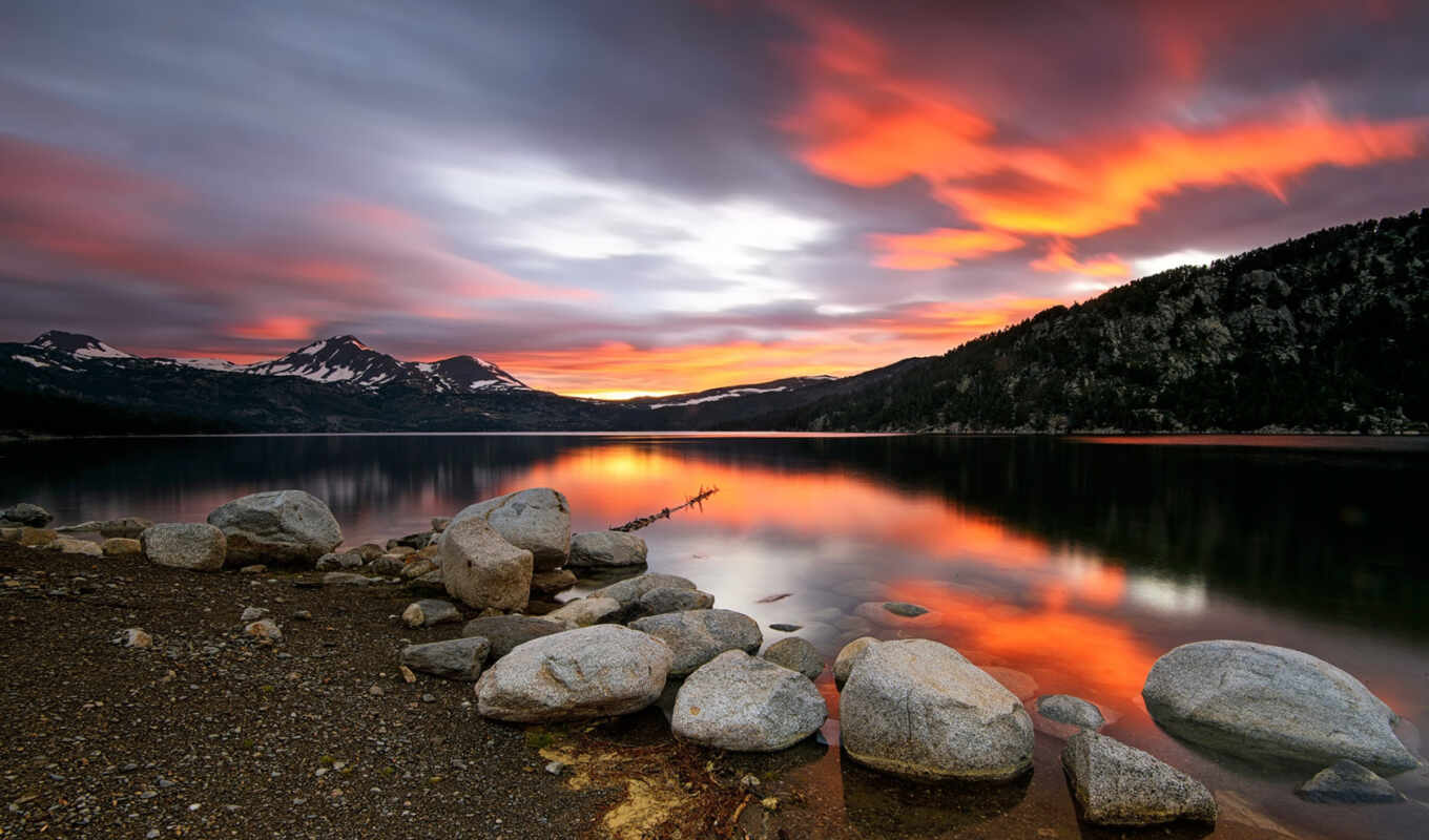 lake, mac, abyss, screen, sunset, montañas, lago, piedras, g n