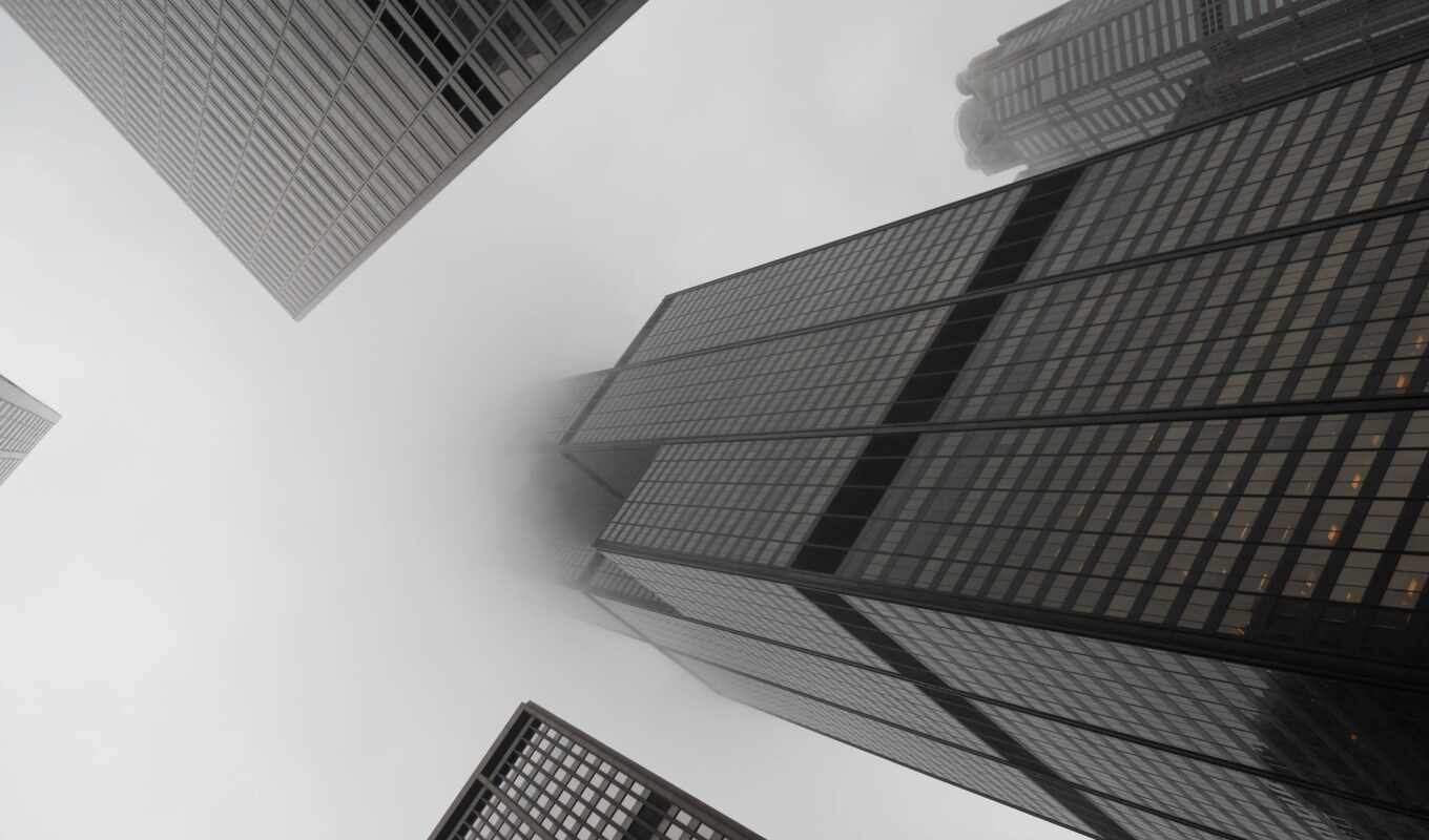 black, view, white, city, skyscrapers, USA, stock, fog, cb