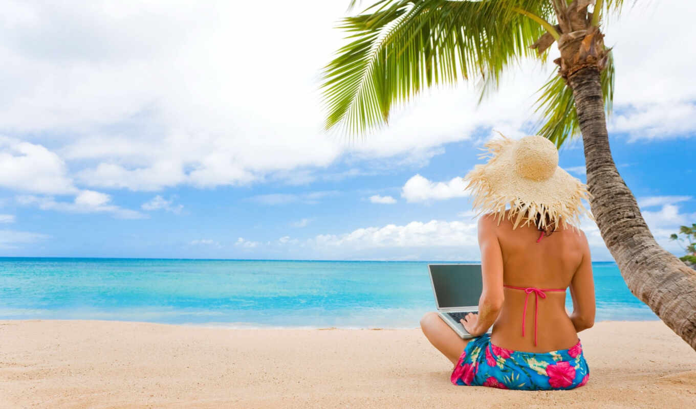 girl, a laptop, beach, sea, the beach, sand, rest, palm, waves, tropics, laptop