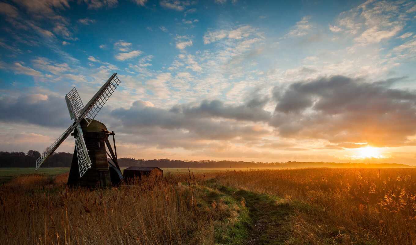 sky, sunset, field, landscape, company, mill, rising, windmill, beer, ♪, pivimport
