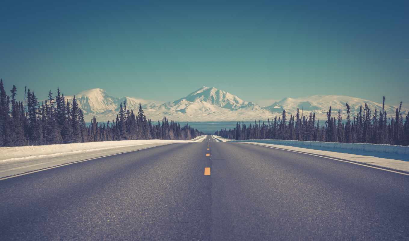 nature, music, snow, winter, mountain, road, asphalt