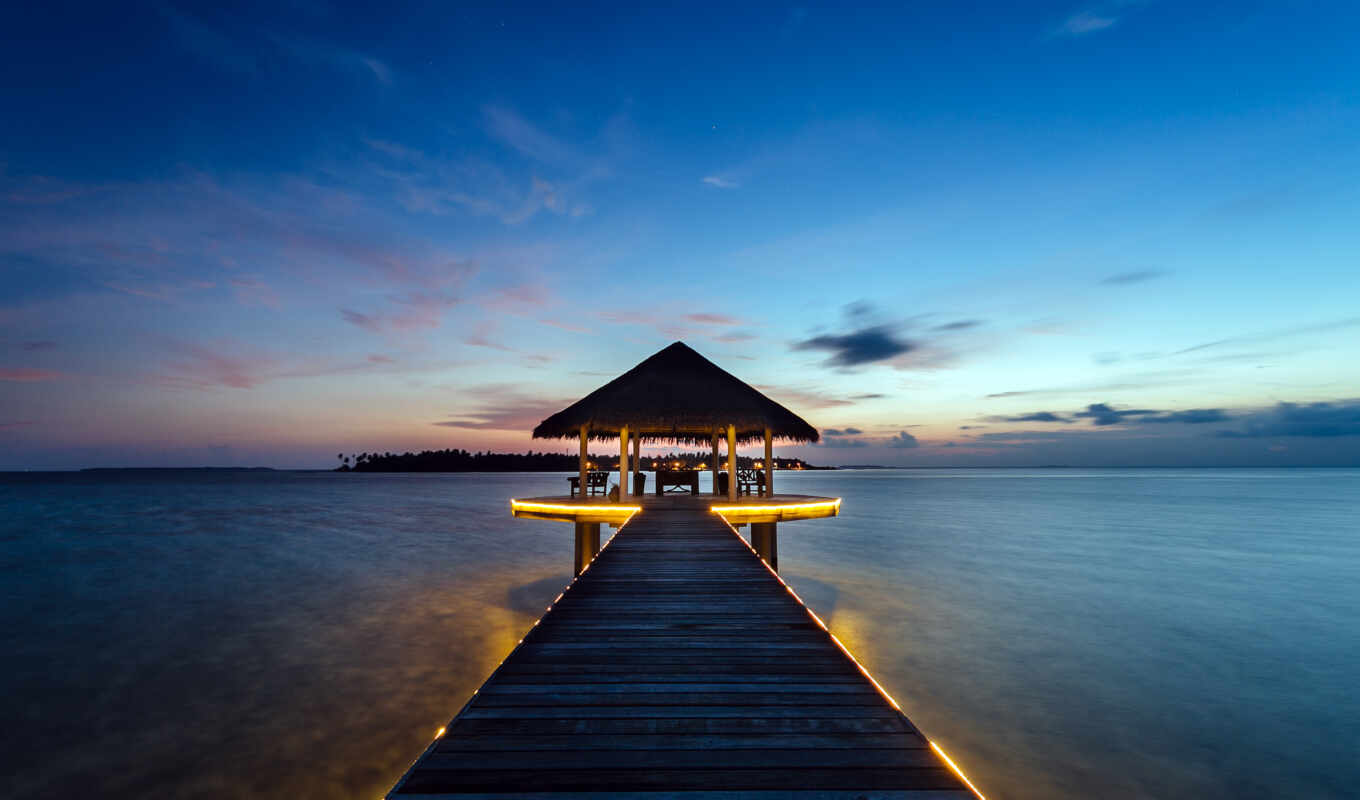 sunset, sea, resort, ocean, bungal, maldive