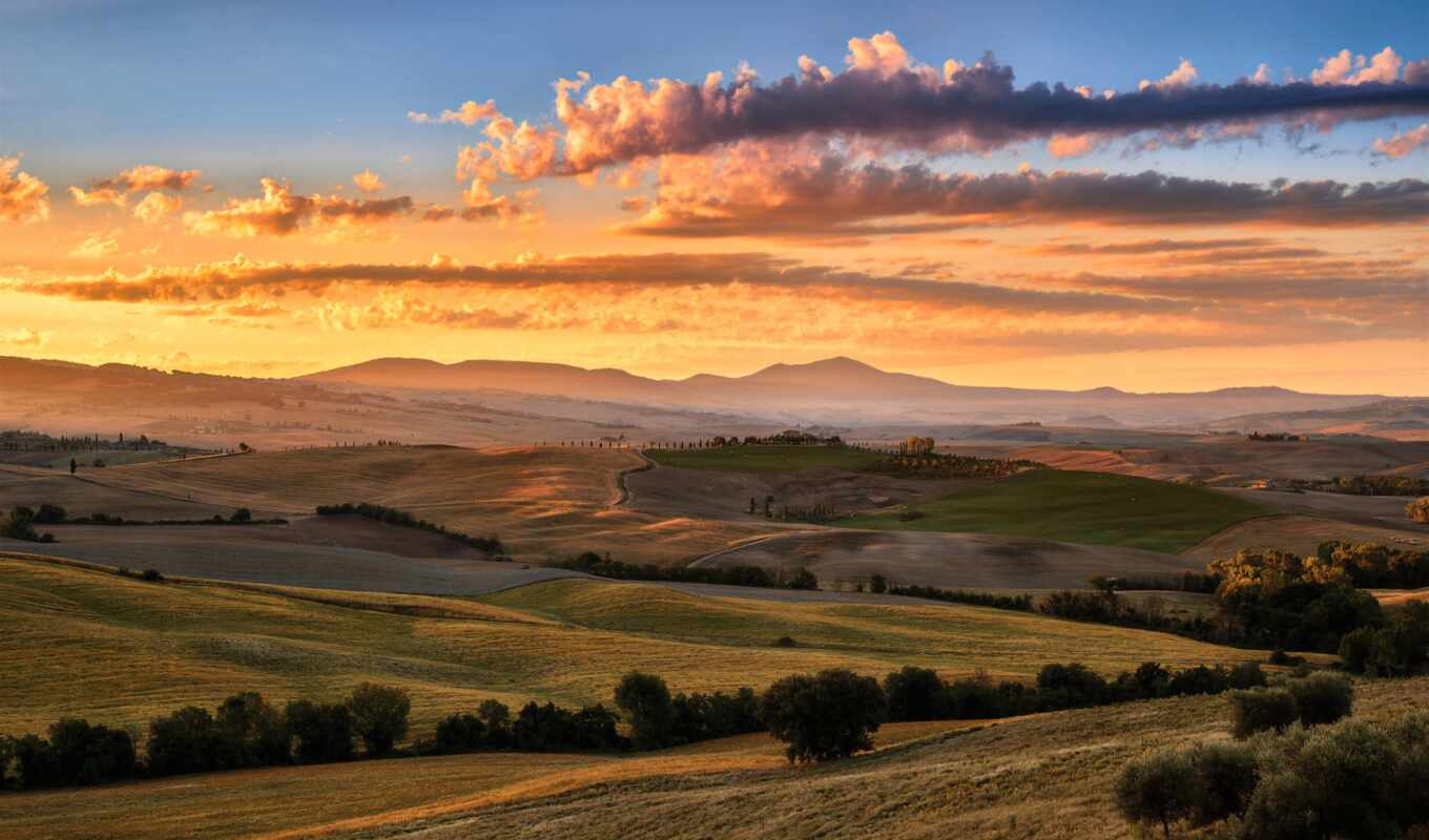 summer, закат, поле, август, pin, clouds, italy, tuscany