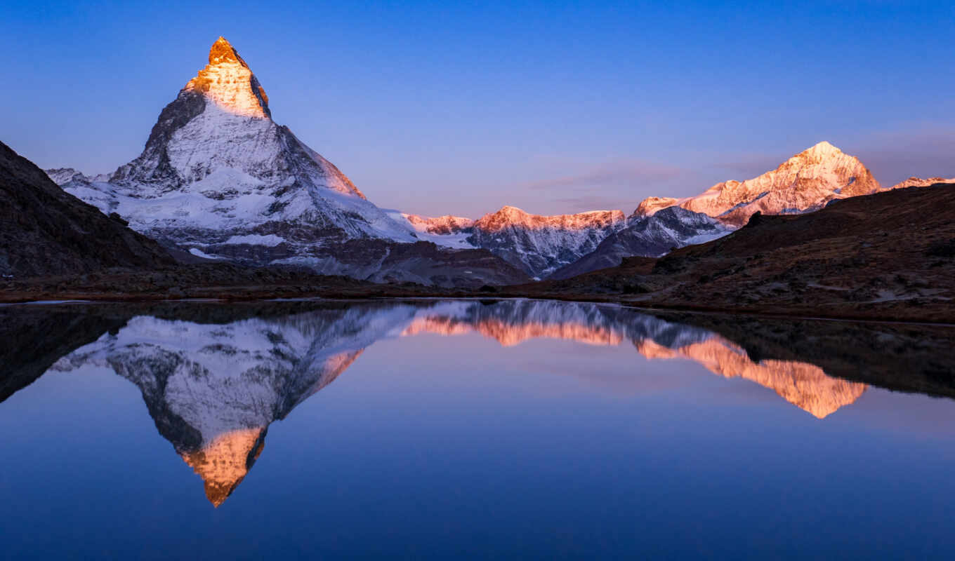 lake, mountain, peak, Switzerland, the alps, location, zermatt, matterhorn, reflect, alpenglow, riffelsee