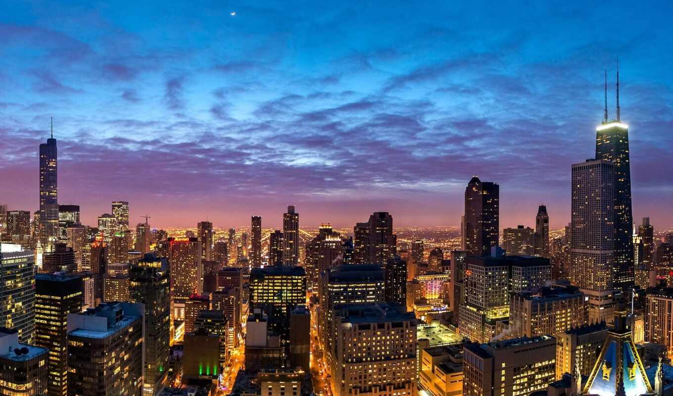 город, ночь, здания, небоскребы, панорама, chicago