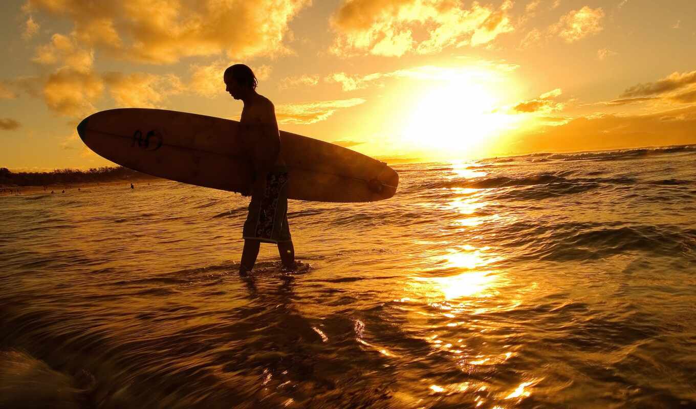 небо, sun, закат, море, surf, ocean, клипарт, сёрфинг, солнца, растровый, waves