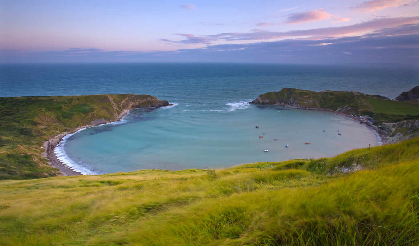 sky, grass, sea, coast, bay, distance, mountains, boats