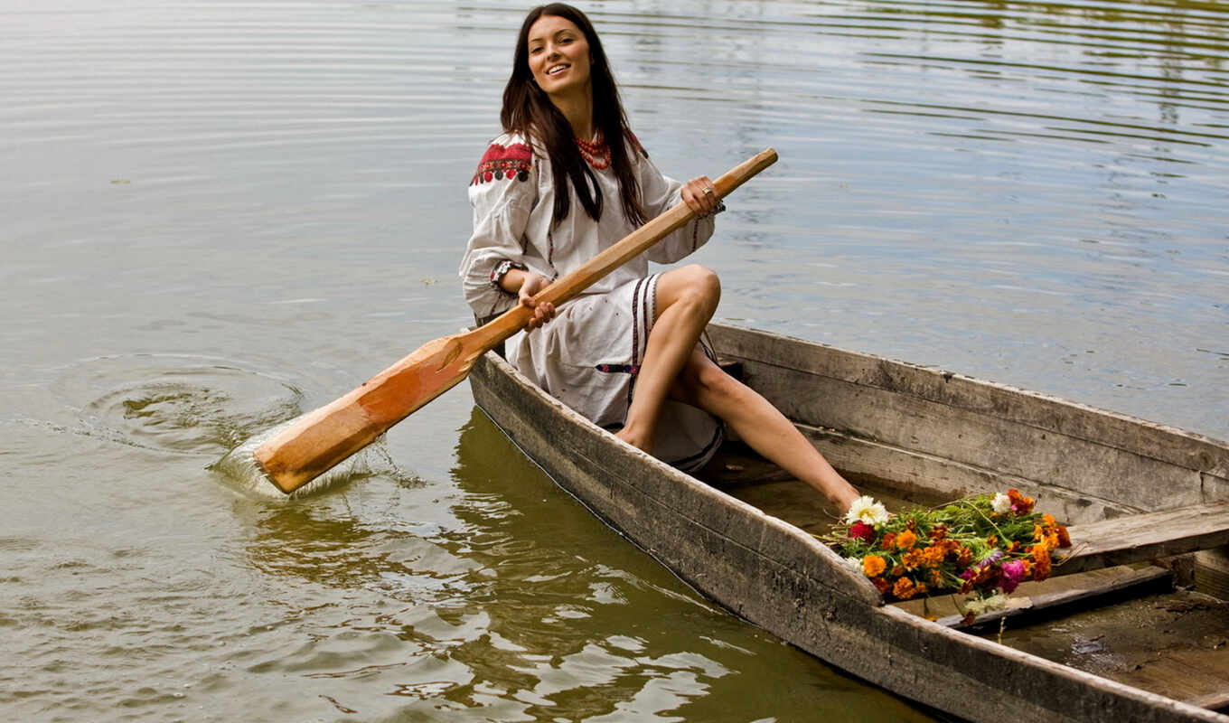 озеро, взгляд, девушка, улыбка, река, лодка, лодке
