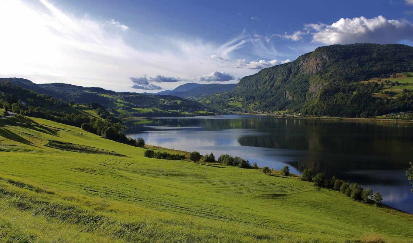 озеро, природа, небо, пейзажи -, summer, зелёный, трава, water, landscape, trees, горы