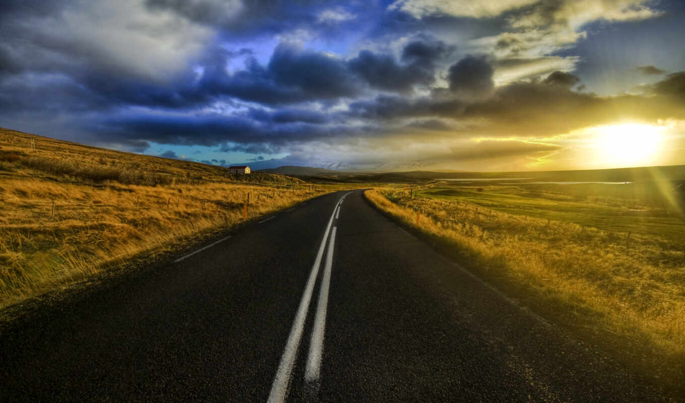 sky, landscapes-, sun, sunset, night, road, field, sea, highway, cloud, route