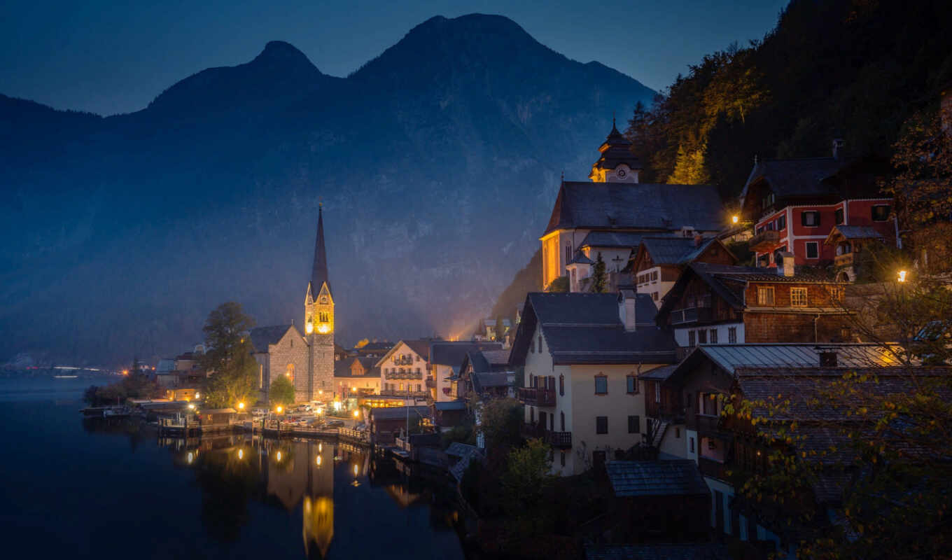 lake, home, mountain, Austria, hallstatt, tower, town
