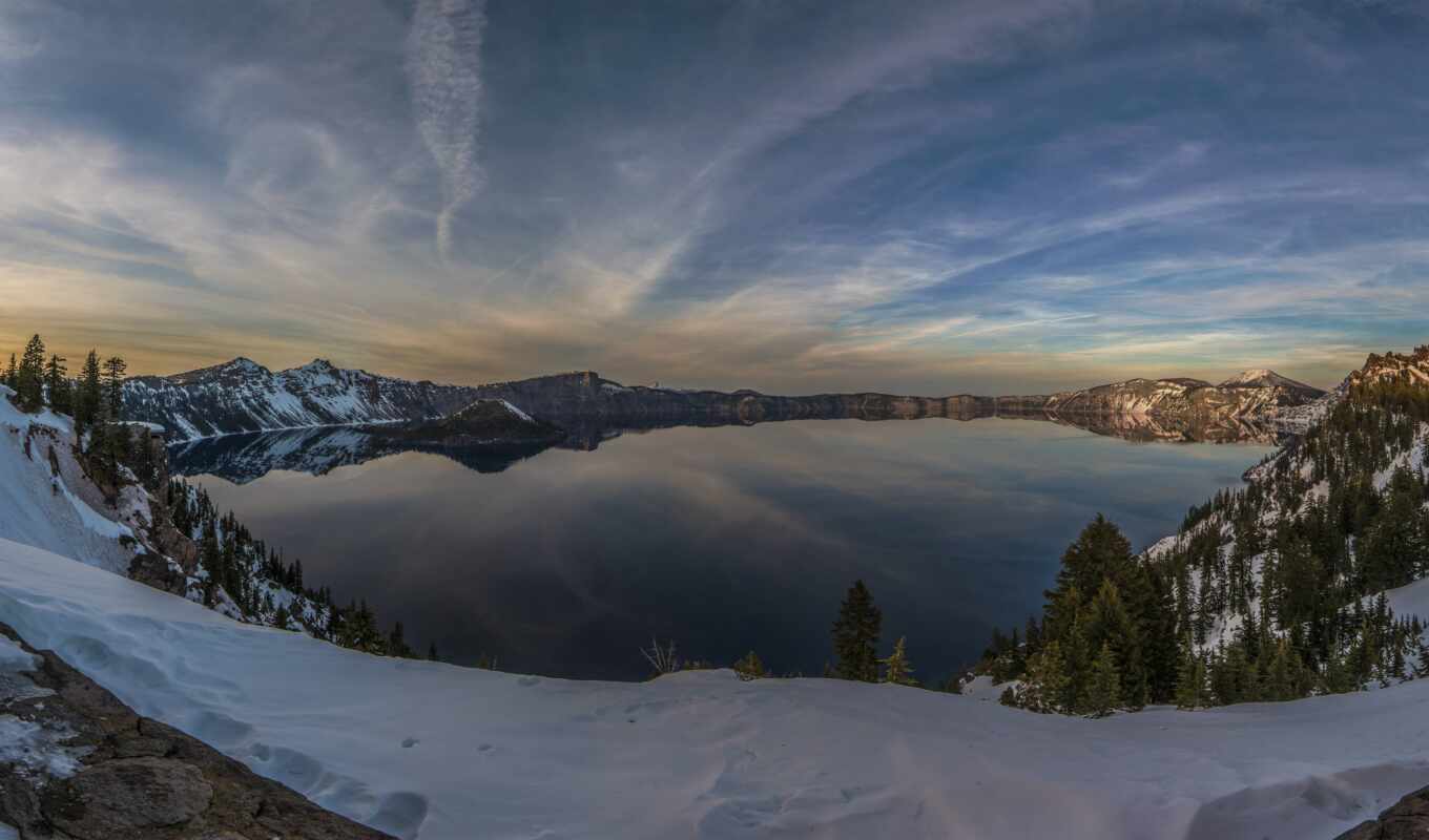озеро, фото, закат, winter, crater, coastline