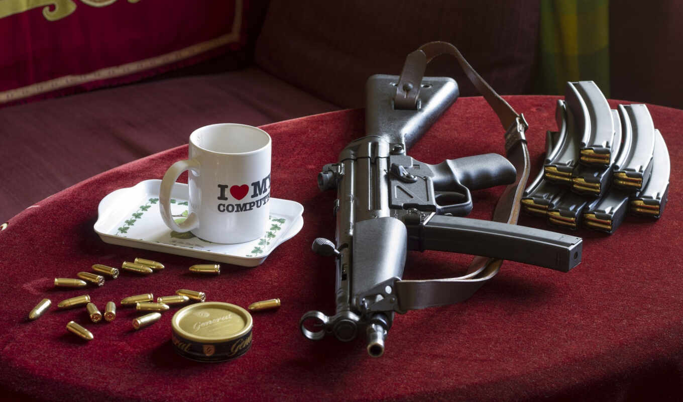 red, glasses, furniture, a cup, gun, dishes, table, heckler " koch, coffee cup, pistol, drinks, serveware, heckler " koch mp5, heckler " koch hk416
