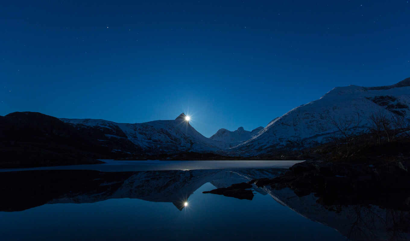 desktop, moon, mountain, from behind, reflection