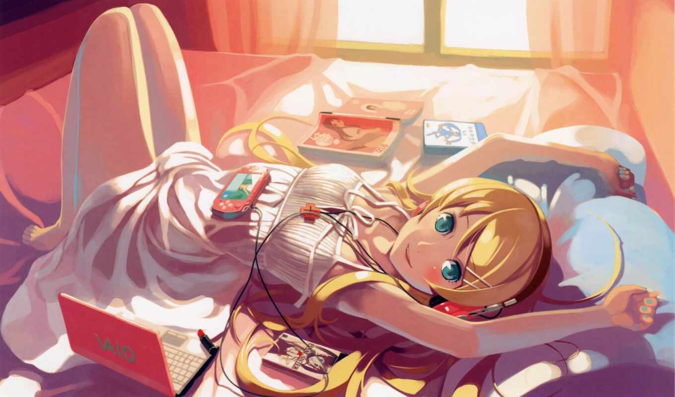 девушка, лежит, ecran, manga