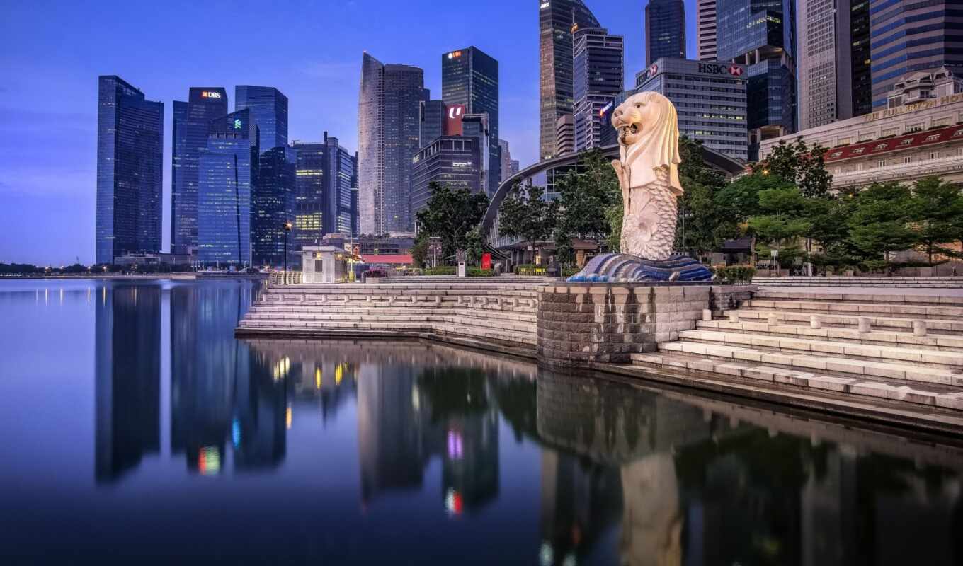 озеро, android, город, ночь, города, dusk, singapore, skyscrapers