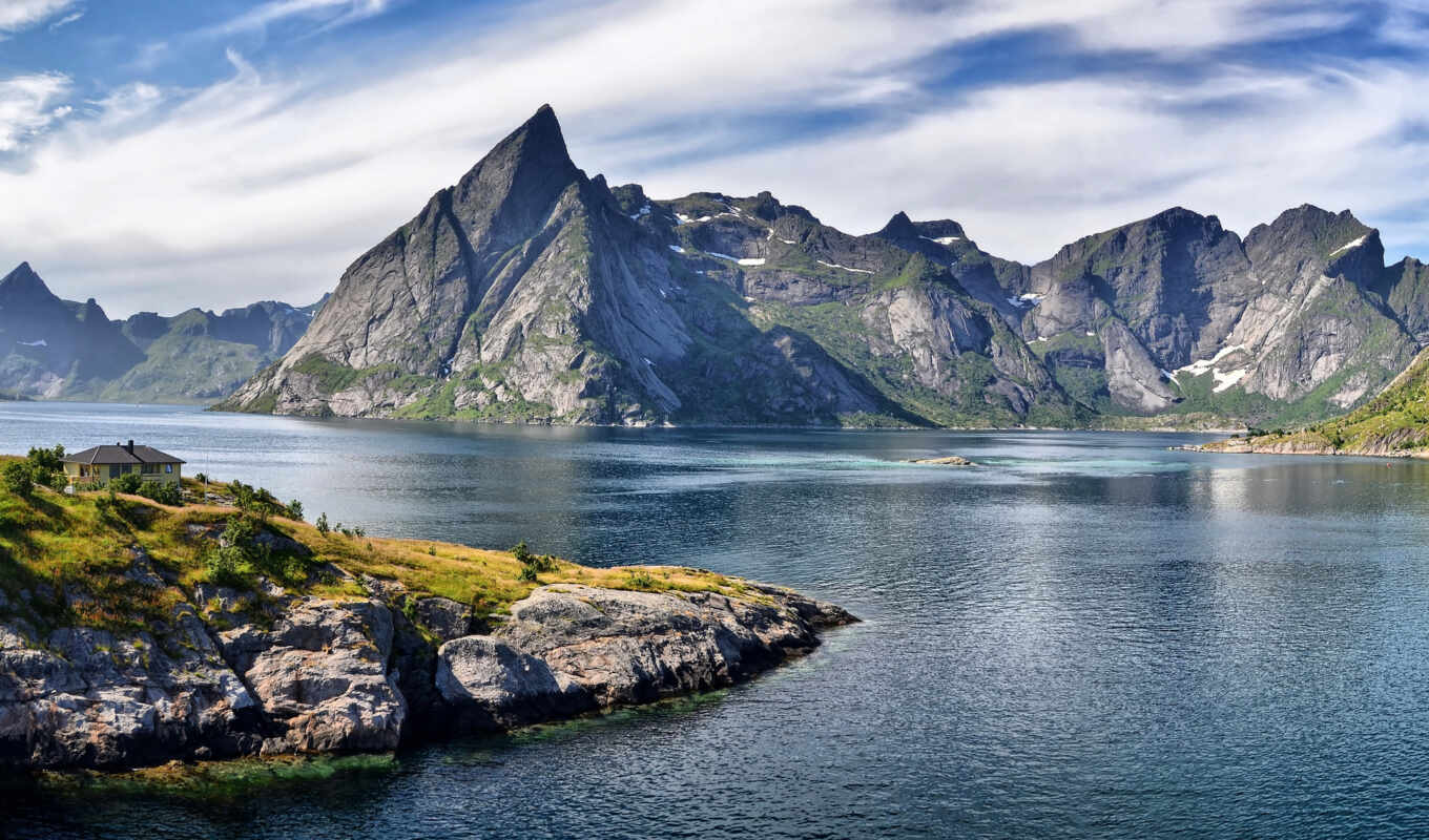 house, лес, height, острые, fjord, oblaka, горы, скалы, privacy, пики