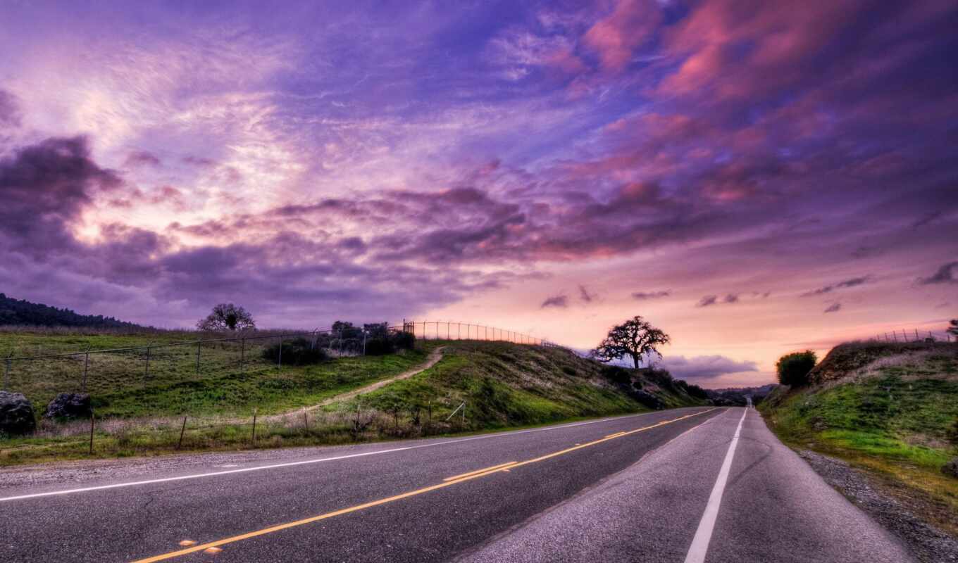 sunset, road, landscape, hdr