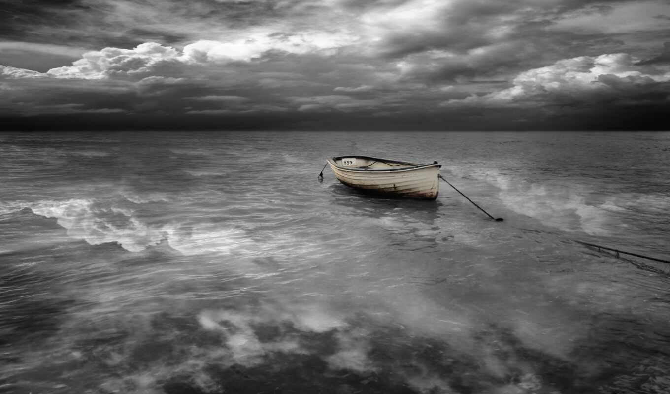 sea, ocean, reflection, a boat, stormy, lock