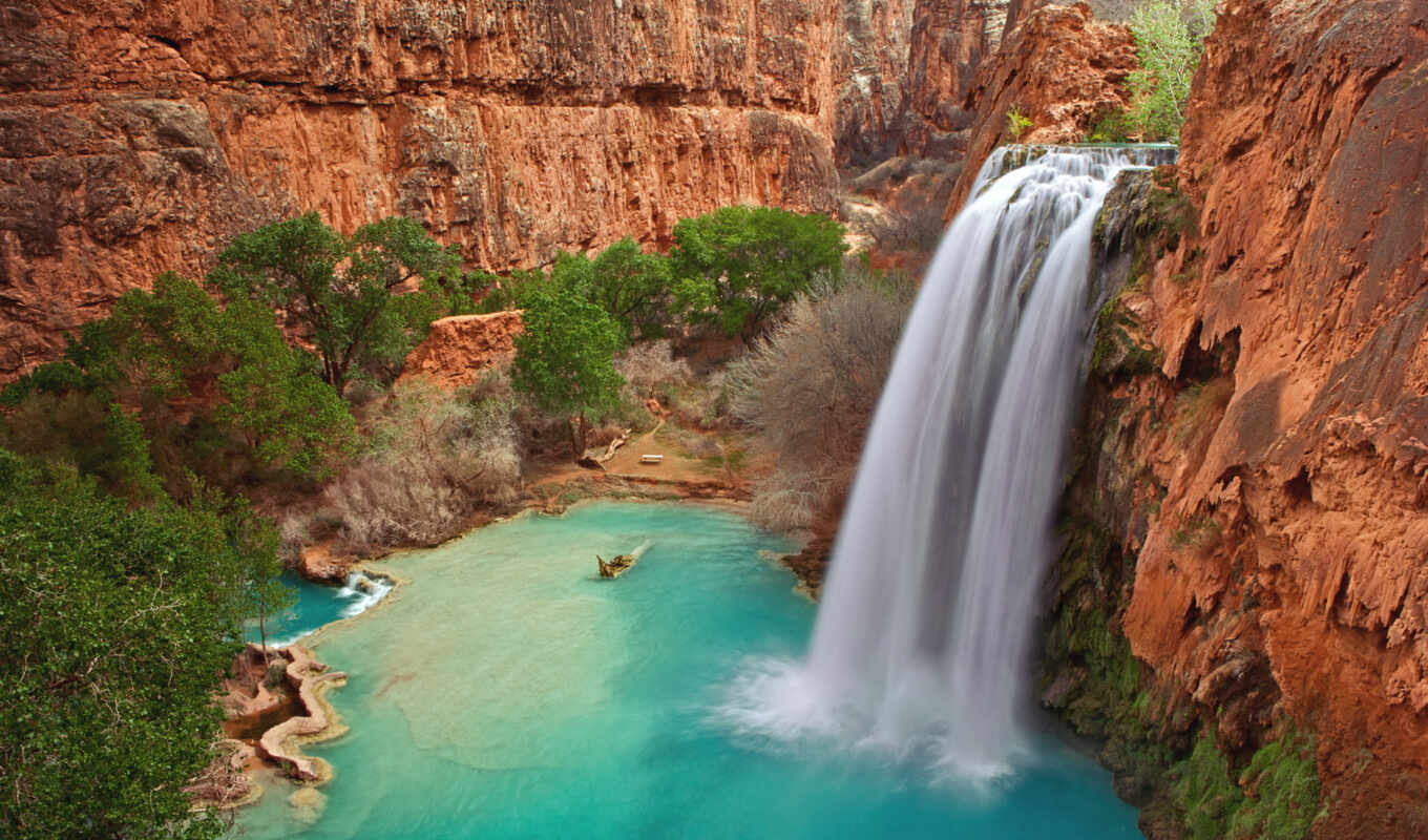 waterfall, waterfalls, trees, falls, arizona, havasupai, mountains, rocks, havasu