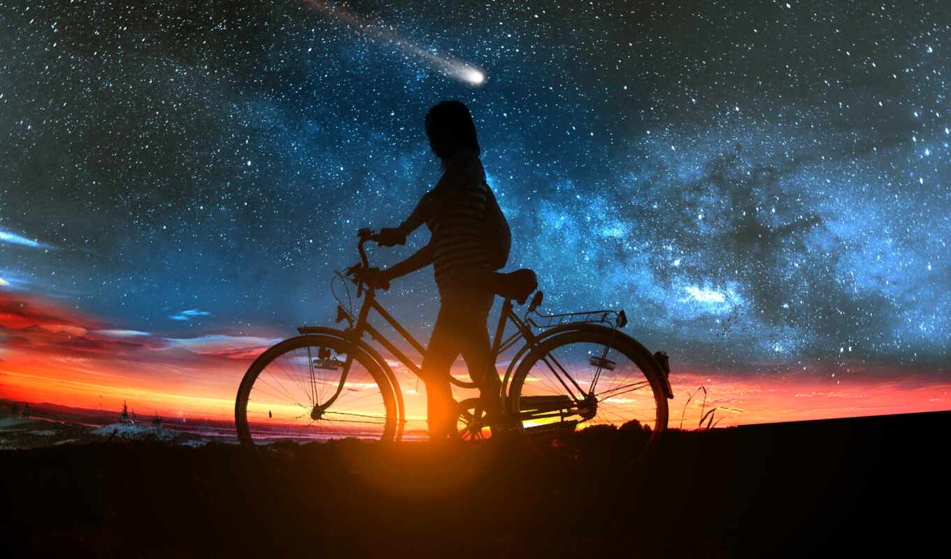 девушка, sun, закат, последний, bike, приближается, комета, ray, stand