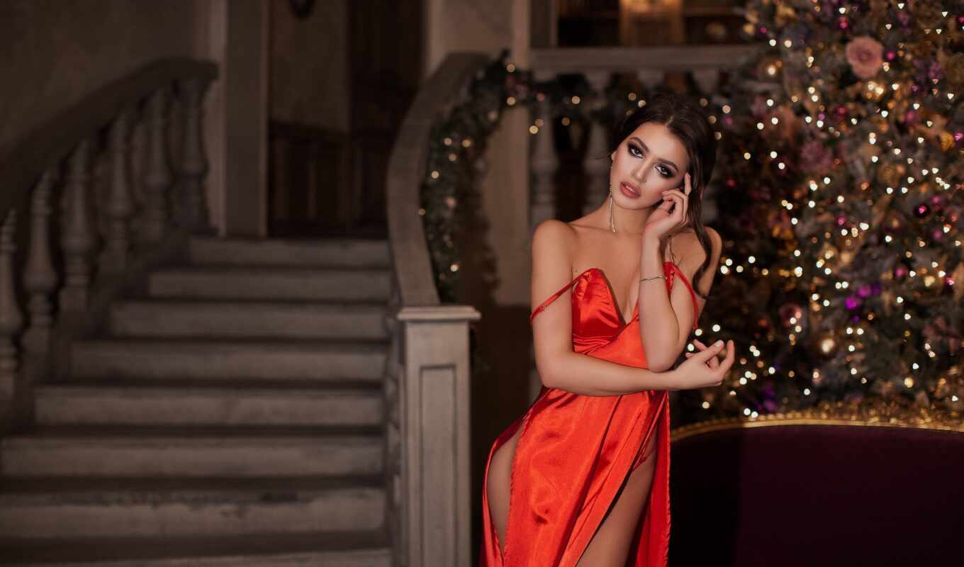 woman, to do, red, tree, model, dress, christmas, see, indoors, makeup