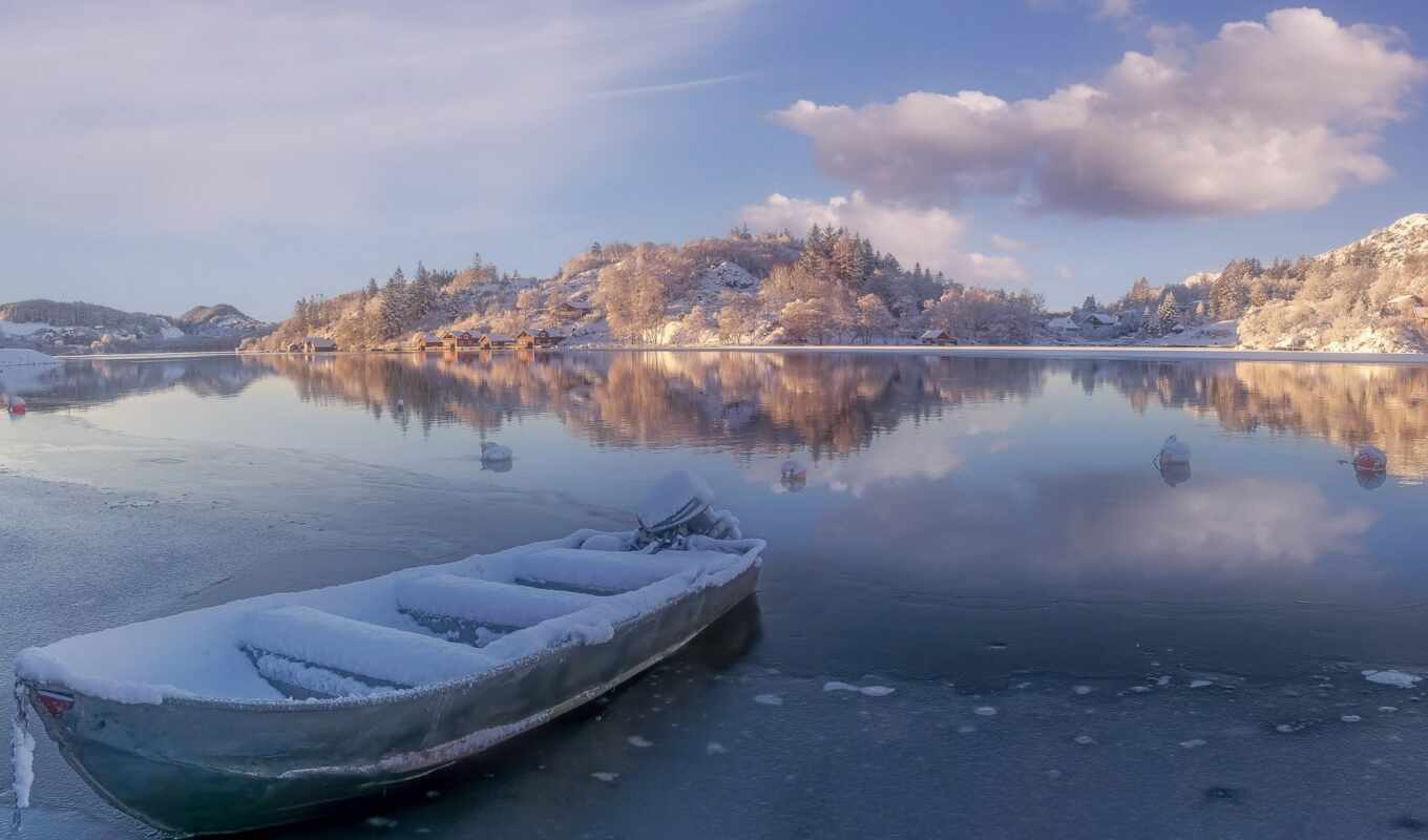 озеро, природа, снег, winter, облако, лодка, norwegian, egersund