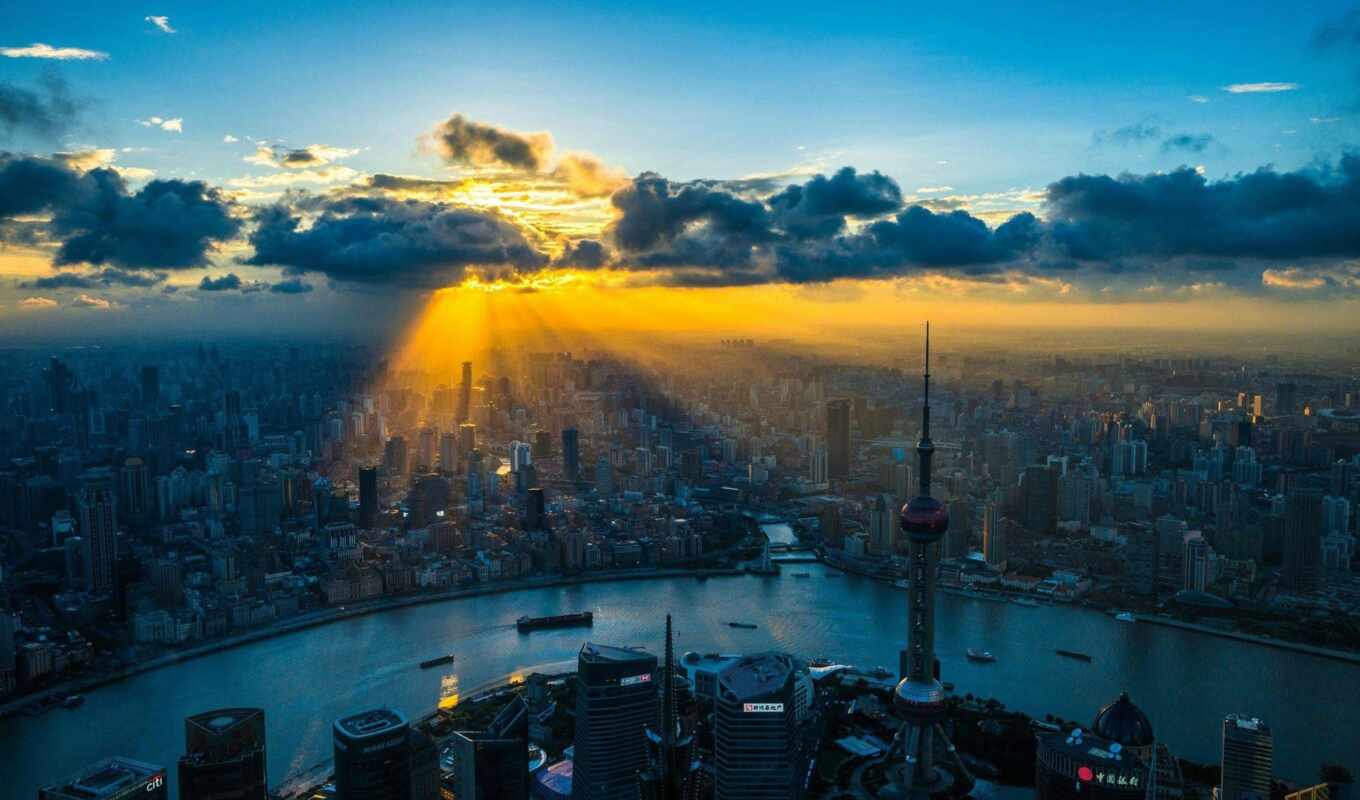 город, река, восход, shanghai, china