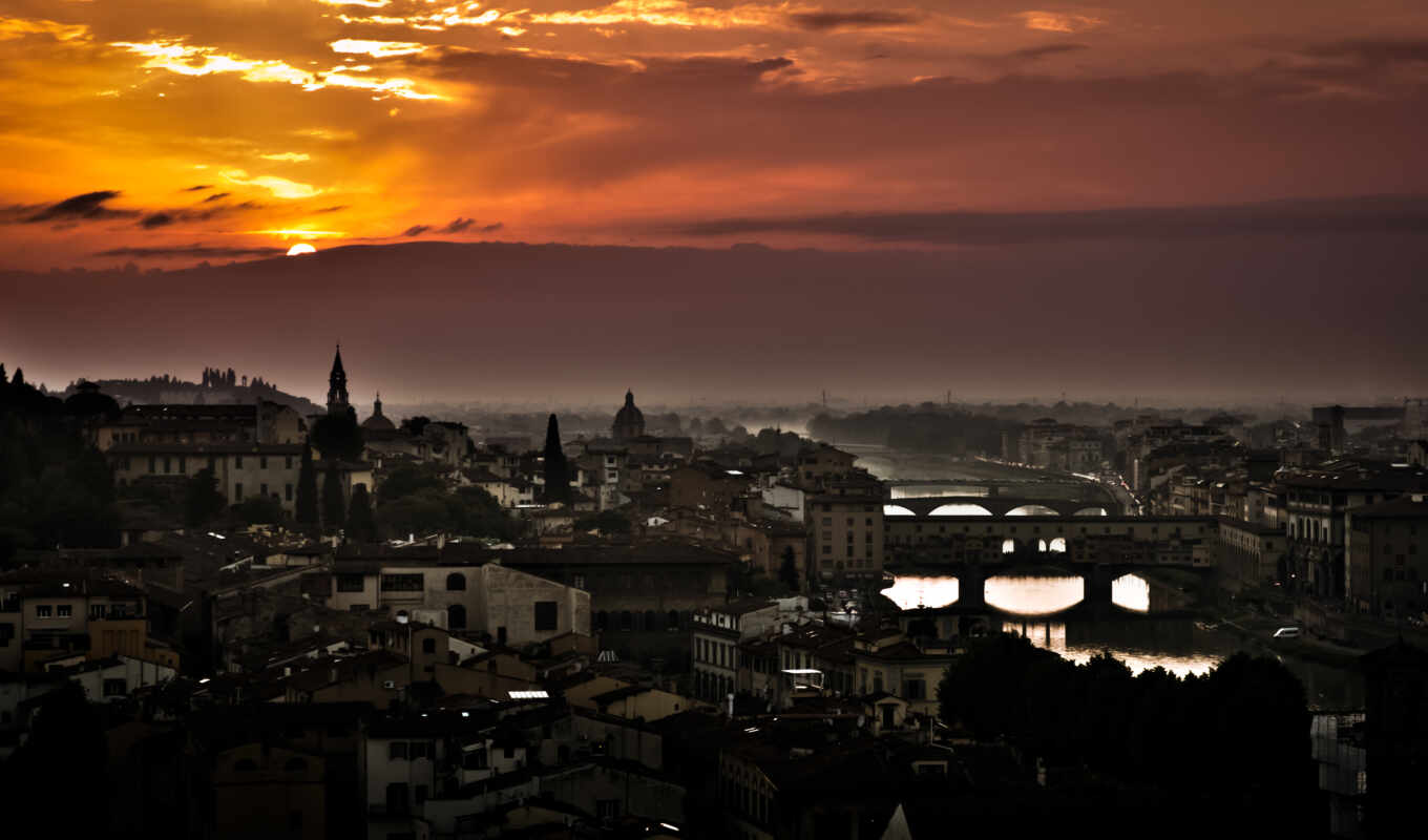 закат, город, мост, italy, florence