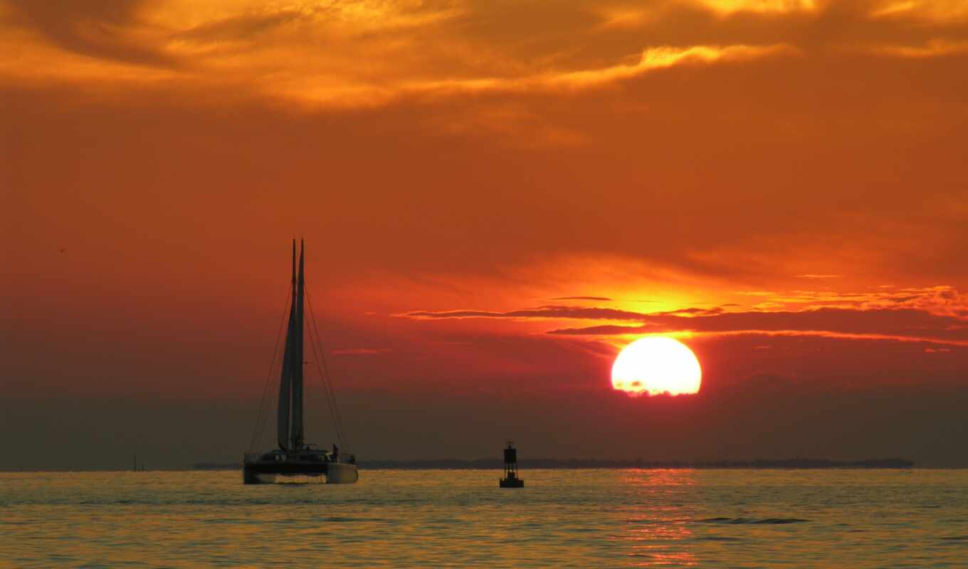 sky, sunset, catamaran