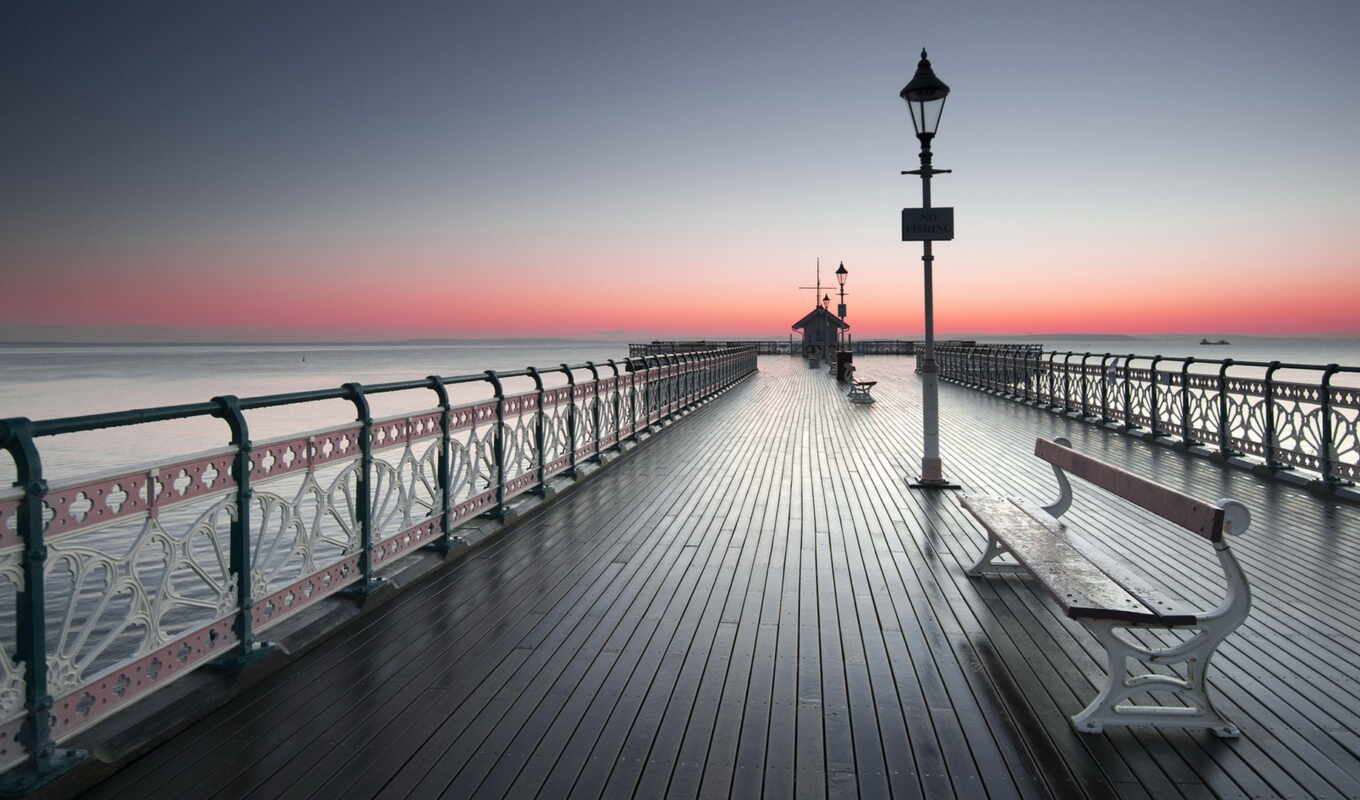 sunset, sea, pier, lanterns, benches