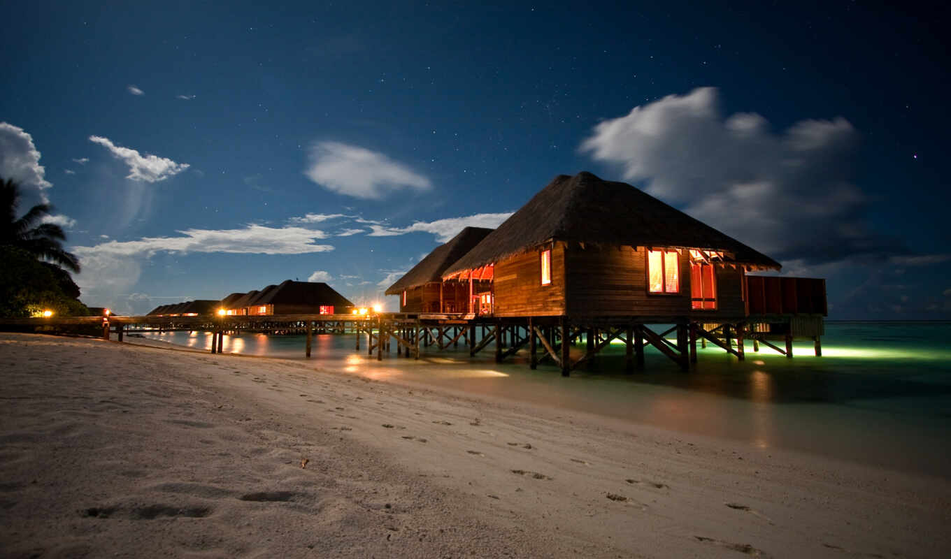 ночь, пляж, resort, maldives