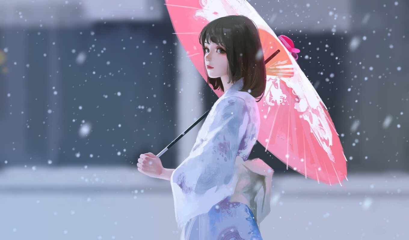 девушка, anime, снег, anim, зонтик, devushka, кимоно, minimalizm, dva, rogaty i, nekii